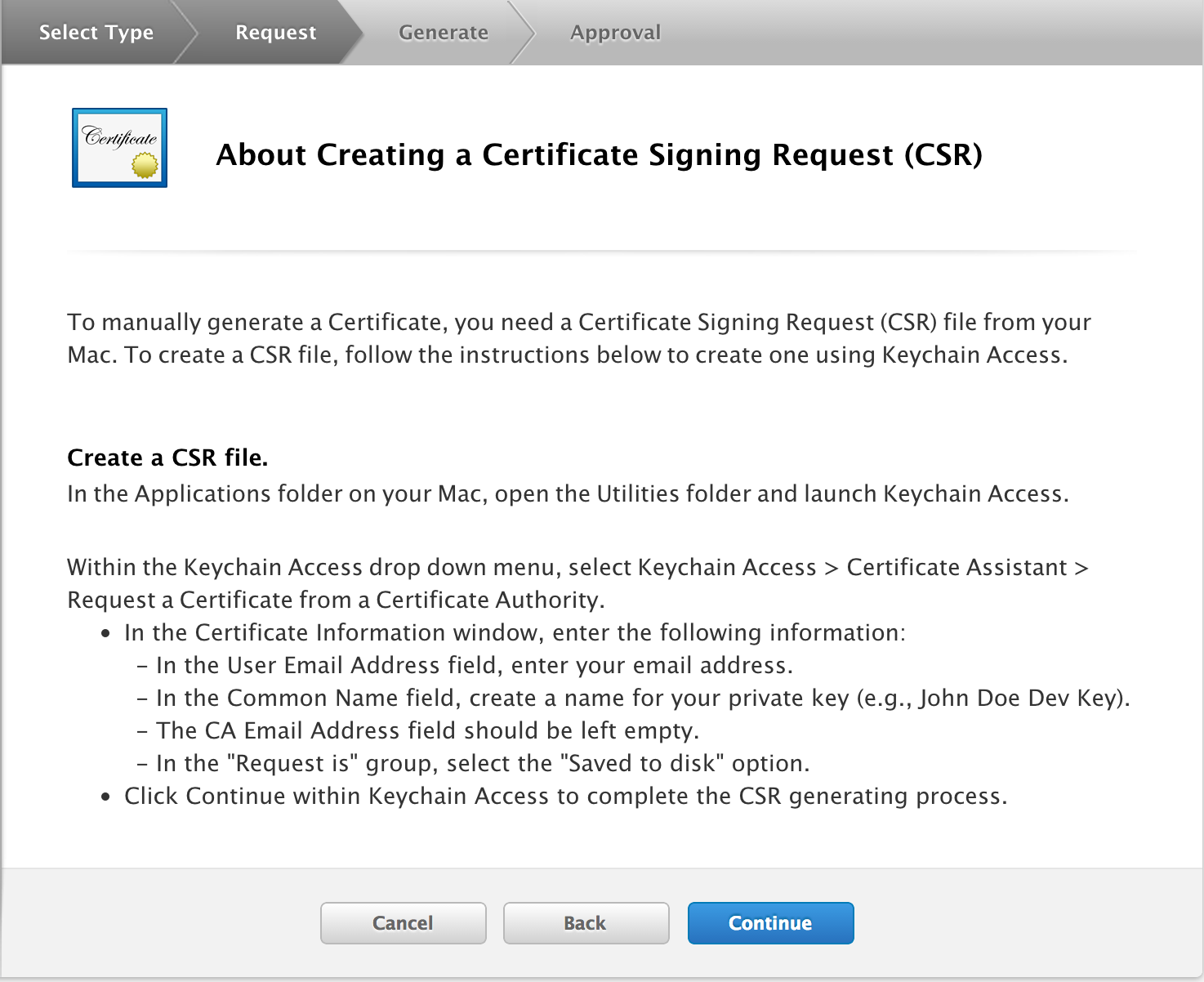Ios certificates. IOS components. Application ID. Keychain use. Generate button.