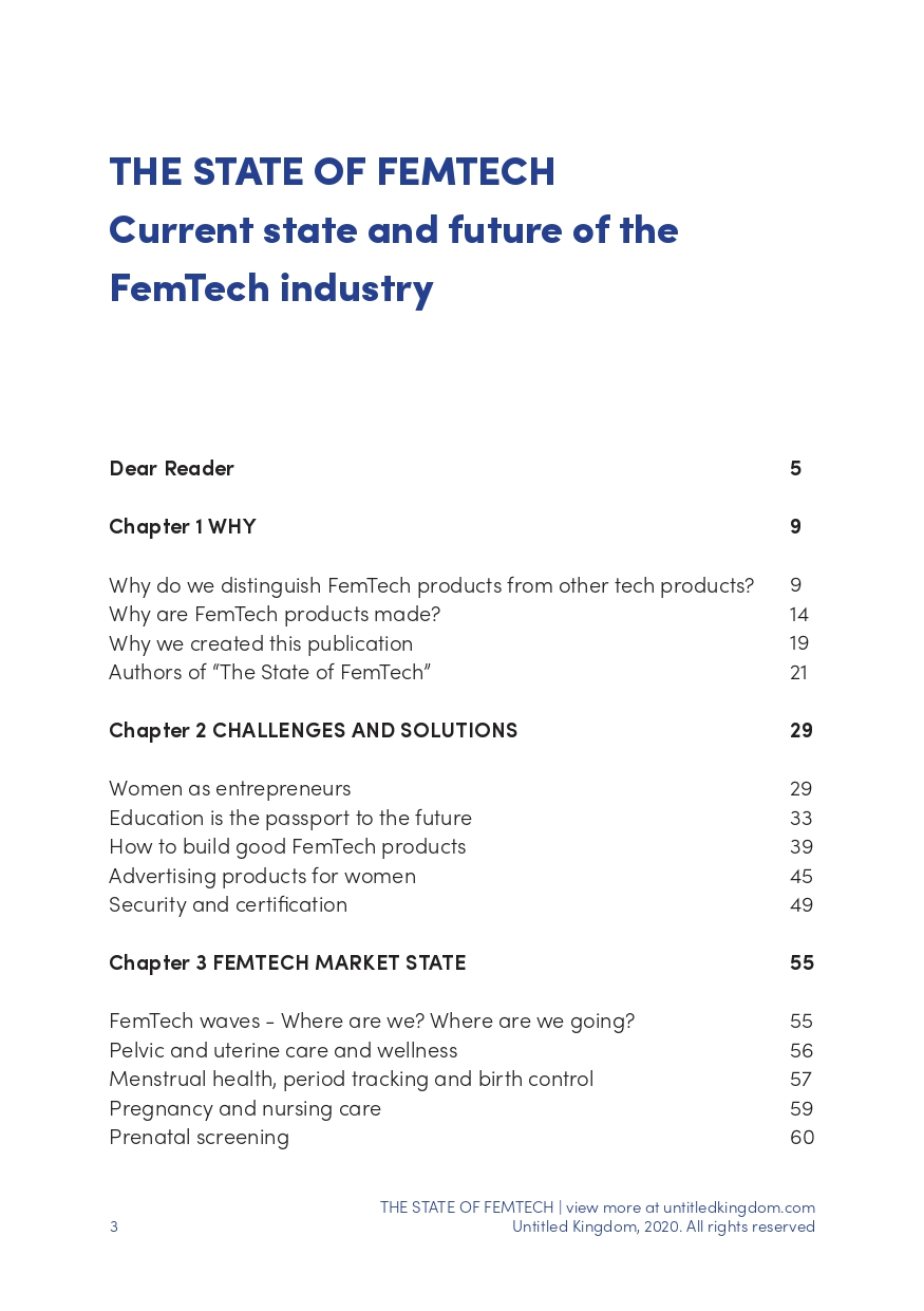 "The State of FemTech" ebook table of contents 