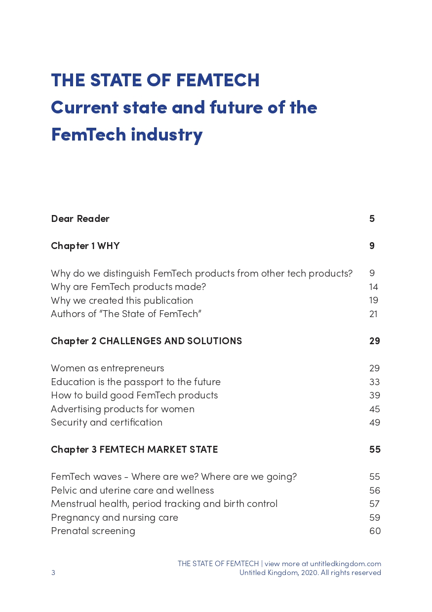 "The State of FemTech" ebook table of contents 