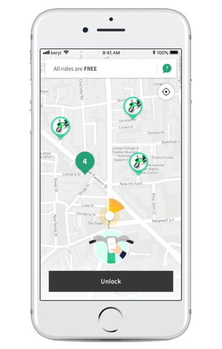 iPhone displaying a screenshot from the Beryl app - a real-time map showing available Beryl bikes in the area.
