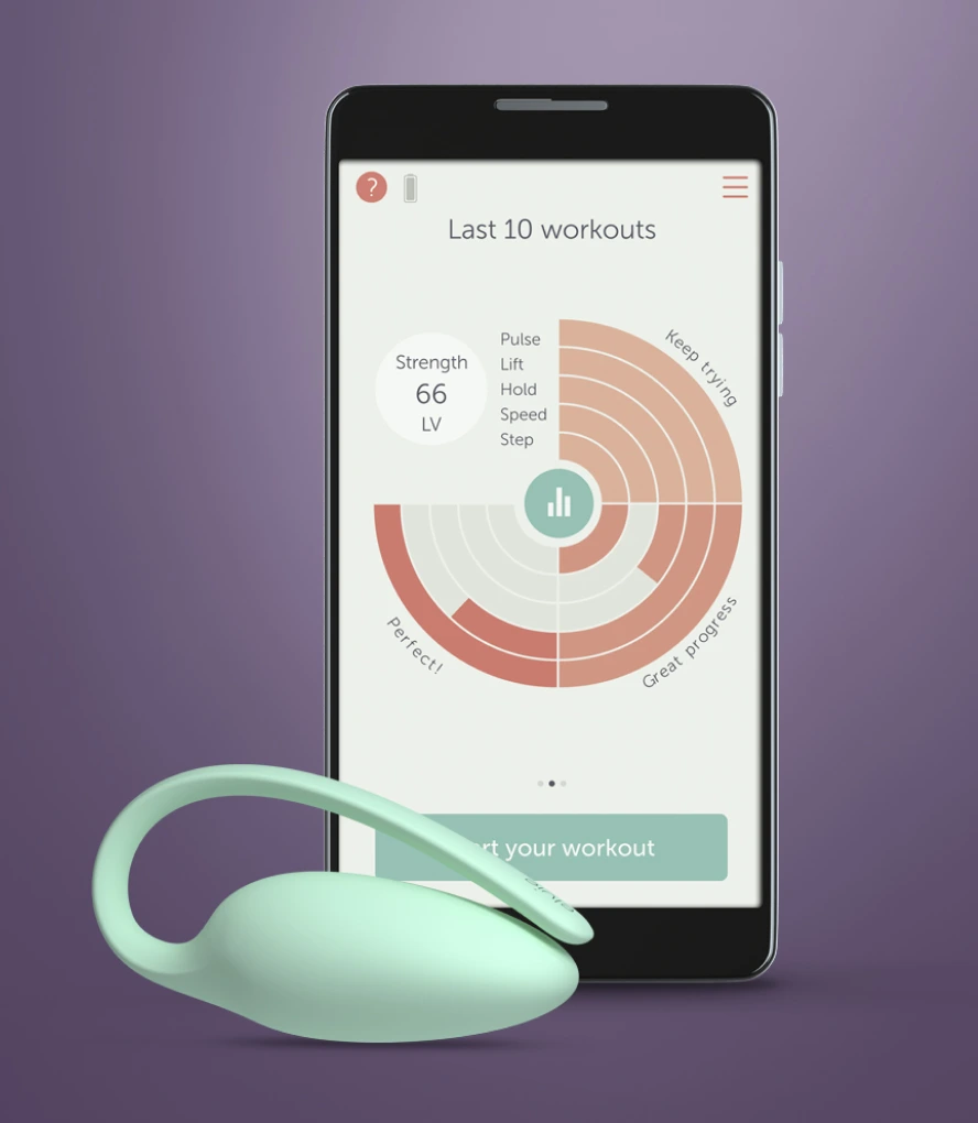 A product photo against a purple background. Elvie Trainer (hardware device) next to a phone showing a screenshot from Elvie Trainer app.