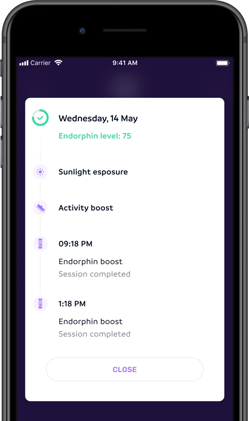 A photo wireframe showing a screenshot from Remedee app. It's an app usage diary showing how many endorphin boosts a user already had during the day.