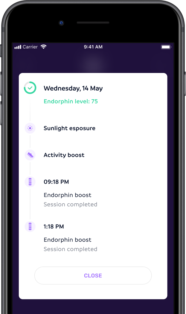 A photo wireframe showing a screenshot from Remedee app. It's an app usage diary showing how many endorphin boosts a user already had during the day.