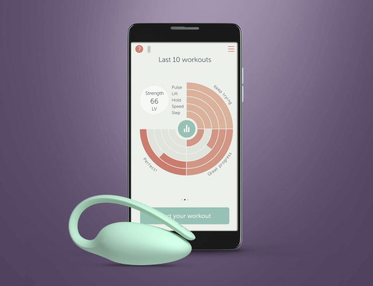 A product photo against a purple background. Elvie Trainer (hardware device) next to a phone showing a screenshot from Elvie Trainer app.